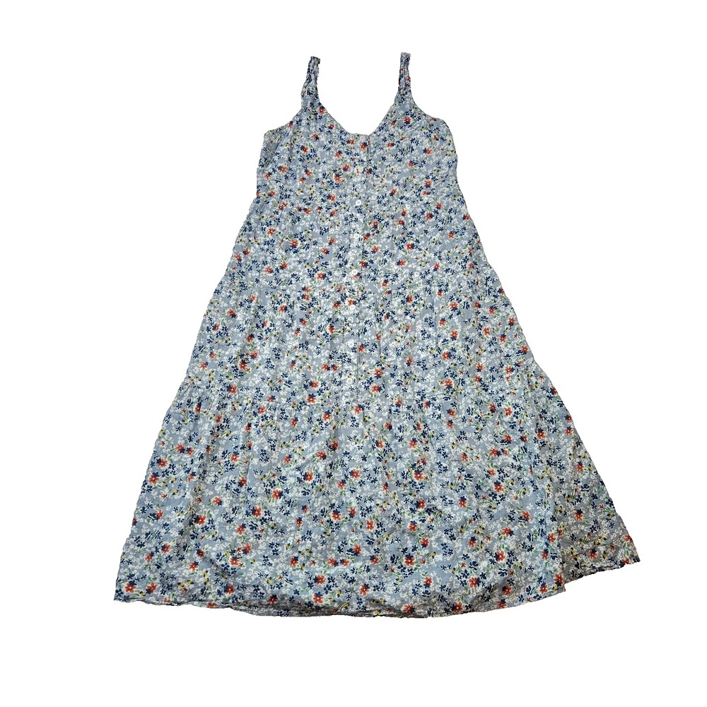 Kori America S Blue Floral Rayon Button Front Spaghetti Strap Tiered Midi Dress